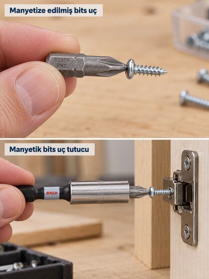 Manyetize edilmiş bits uç ile manyetik bits uç tutucunun vida tutma farkı