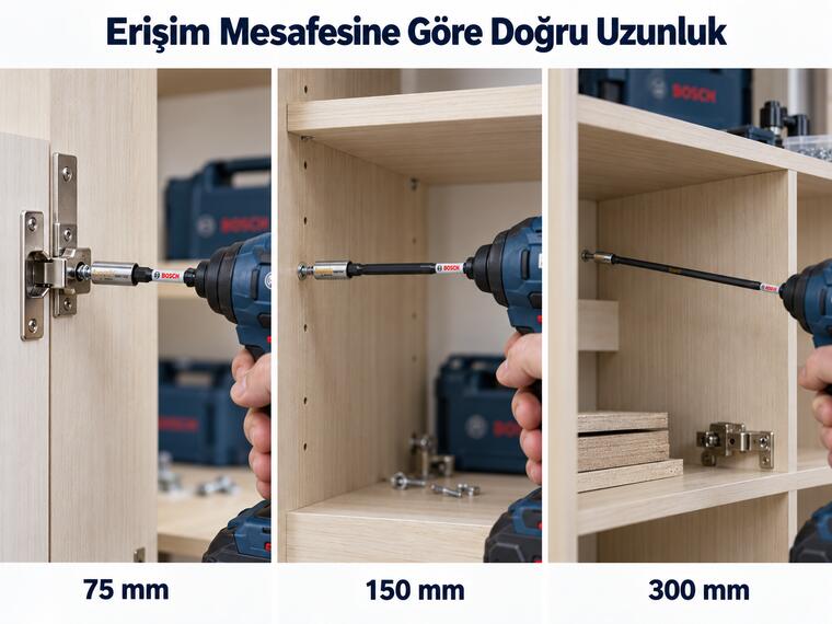 75 mm 150 mm ve 300 mm Bosch bits uç uzatma adaptörlerinin erişim karşılaştırması