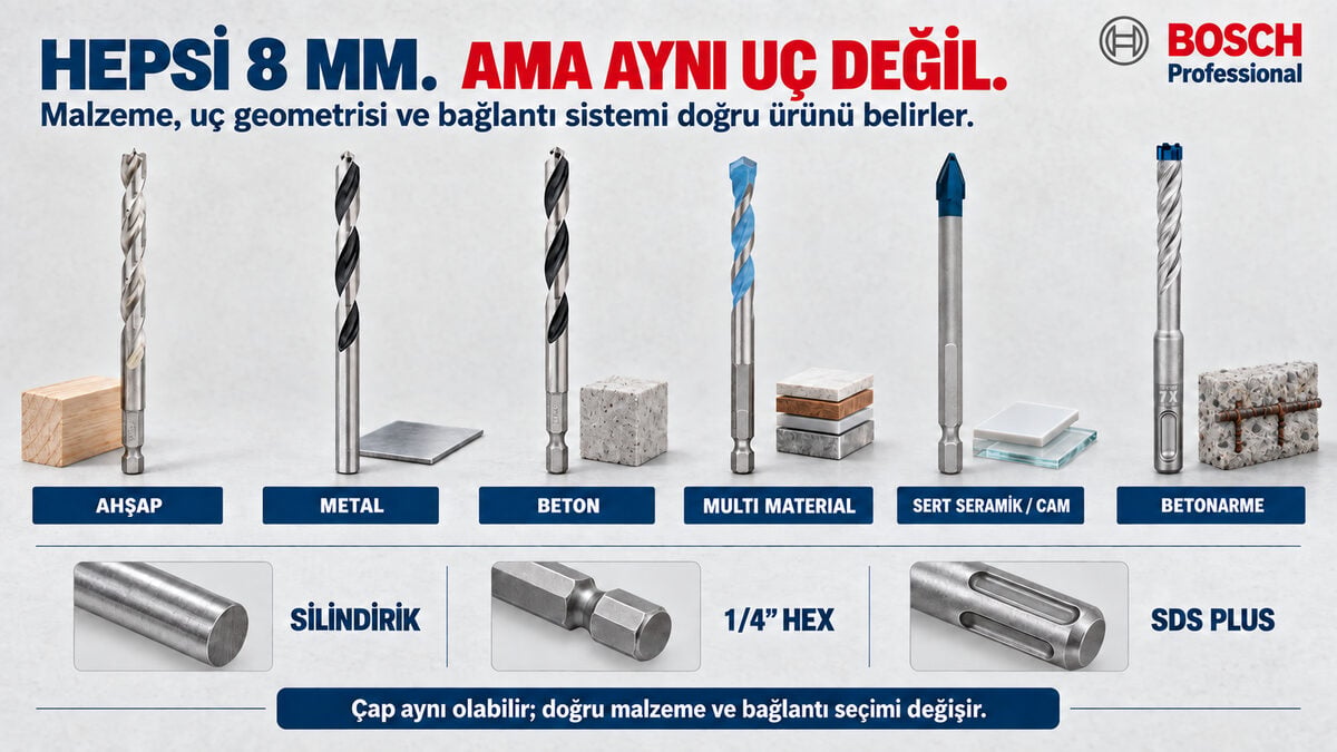 8 mm Bosch matkap ucu karşılaştırması 8 mm Bosch matkap uçlarının malzeme, uç geometrisi ve bağlantı sistemi karşılaştırması