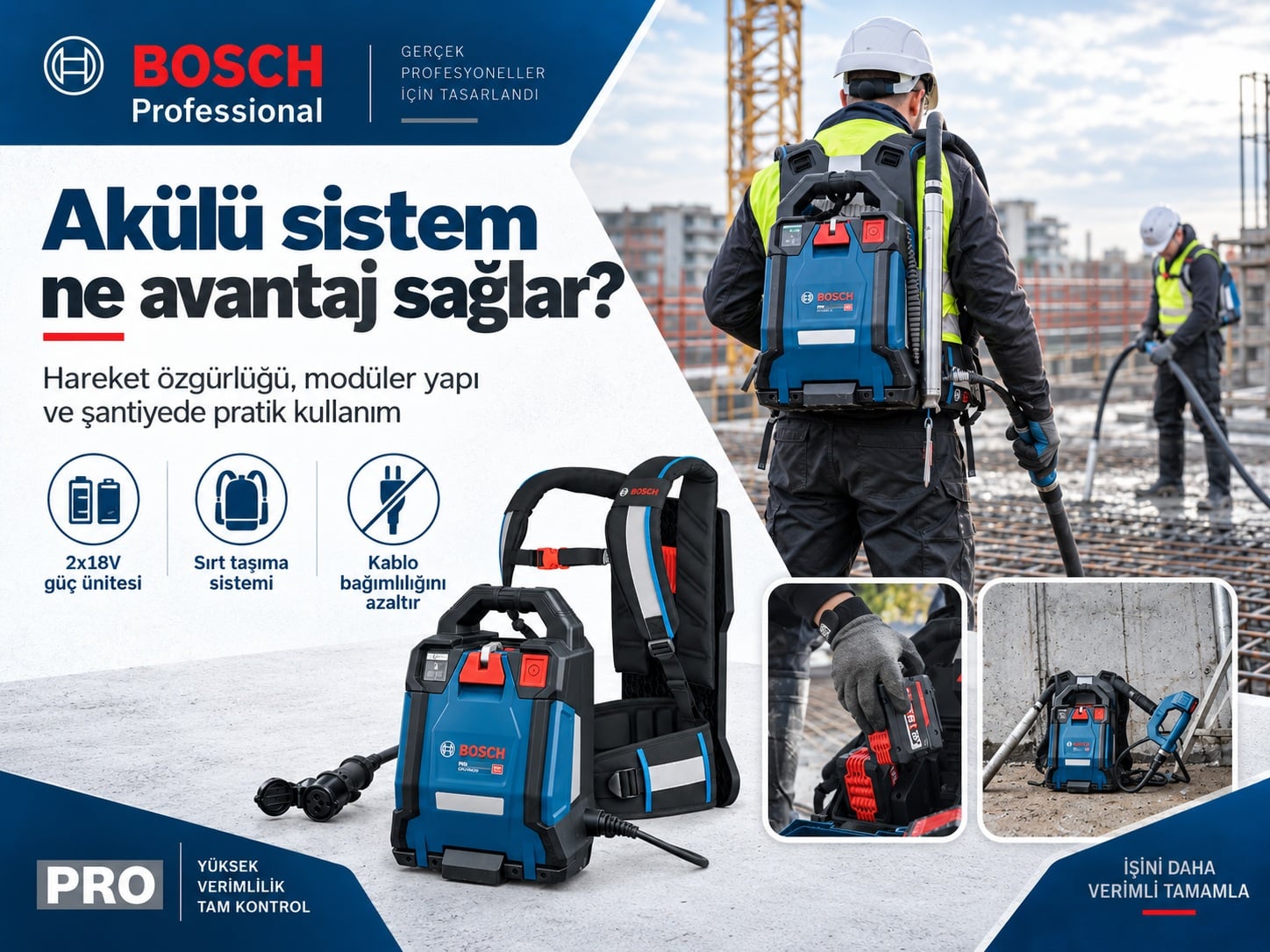 Bosch PRO GPU18V2DI güç ünitesi ve akülü beton vibratörü sisteminin şantiye kullanım yapısı