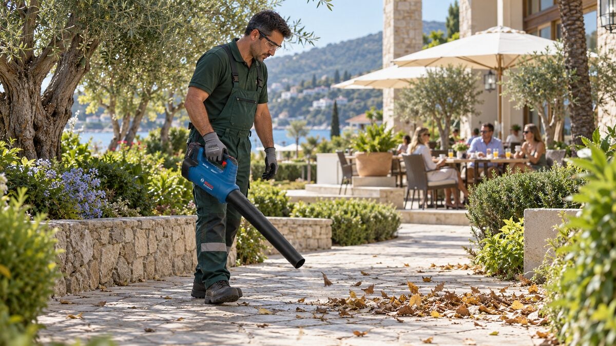 Bosch GBL 18V-750 akülü yaprak üfleyici ile otel peyzaj bakımı