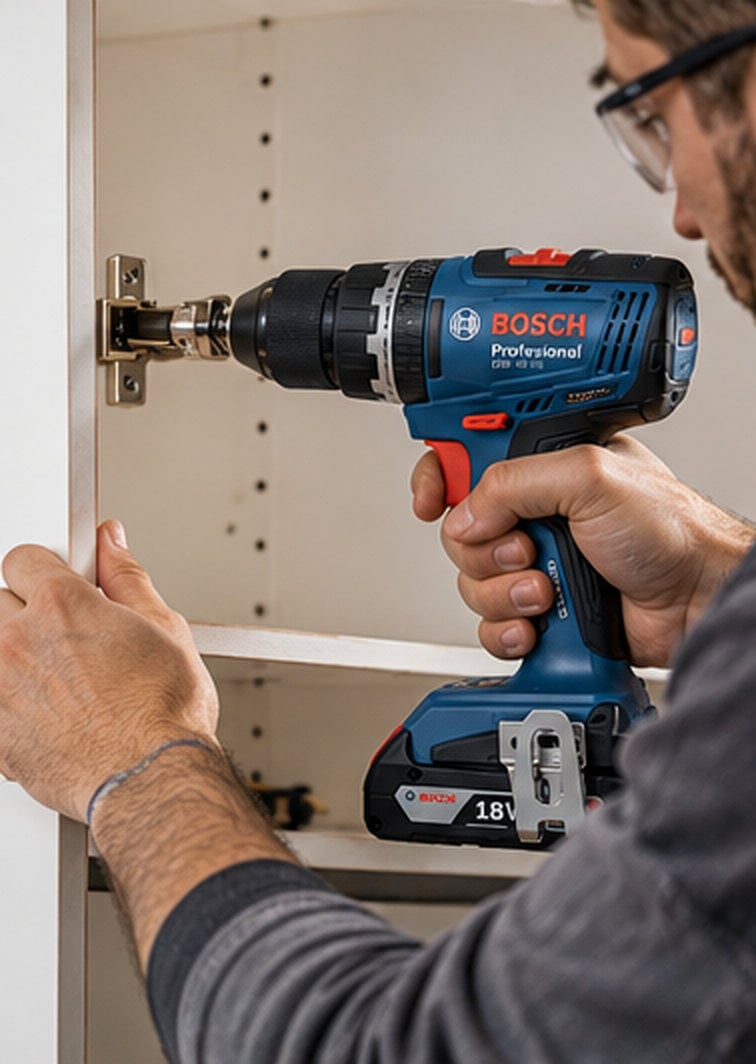 Bosch GSR akülü delme vidalama makinesiyle dolap menteşesi monte eden usta