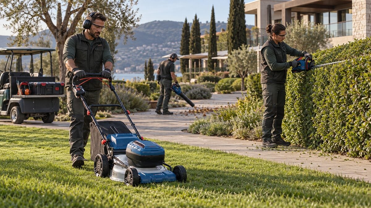 Bosch profesyonel akülü bahçe aletleri kullanan profesyonel peyzaj ekibi