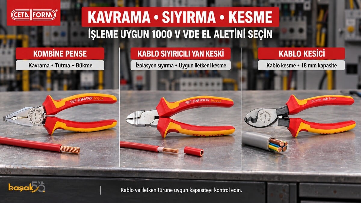Ceta Form 1000V VDE pense, kablo sıyırıcı yan keski ve kablo kesici karşılaştırması