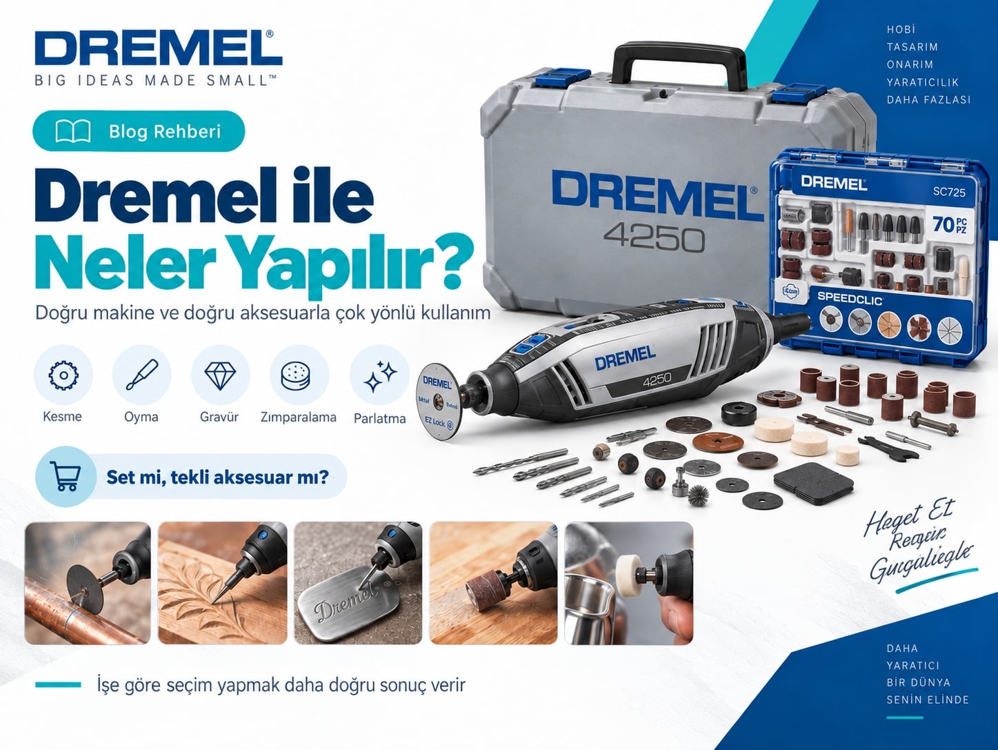 Dremel 4250 çok amaçlı el motoru ve SpeedClic aksesuar setiyle kesme, oyma, gravür, zımparalama ve parlatma uygulamalarını anlatan görsel.