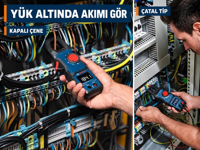 Bosch kapalı çeneli pens ampermetre ve çatal tip ampermetre ile yük altında akım ölçümü