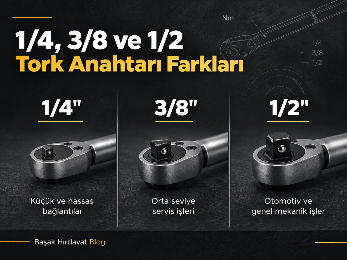 1/4, 3/8 ve 1/2 tork anahtarı ölçüleri arasındaki farklar