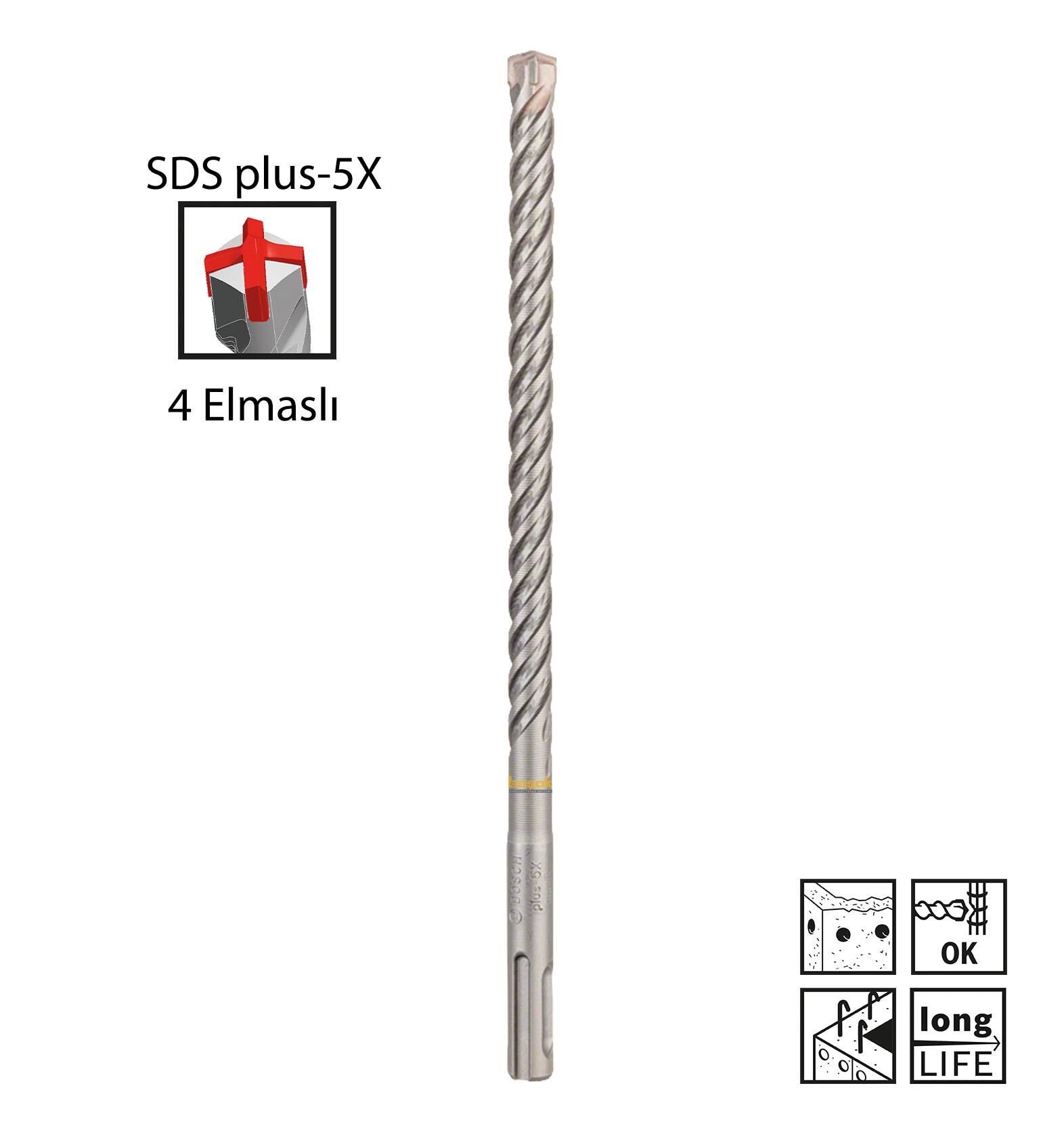 Bosch SDS Plus-5X 10 x 210 mm Dört Elmaslı Matkap Ucu 2608833799