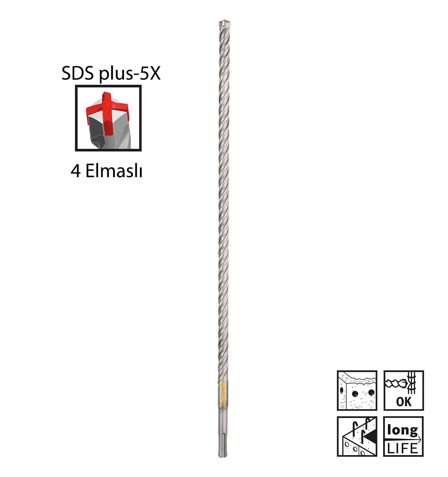 Bosch SDS Plus-5X 12 x 460 mm Dört Elmaslı Matkap Ucu 2608833812