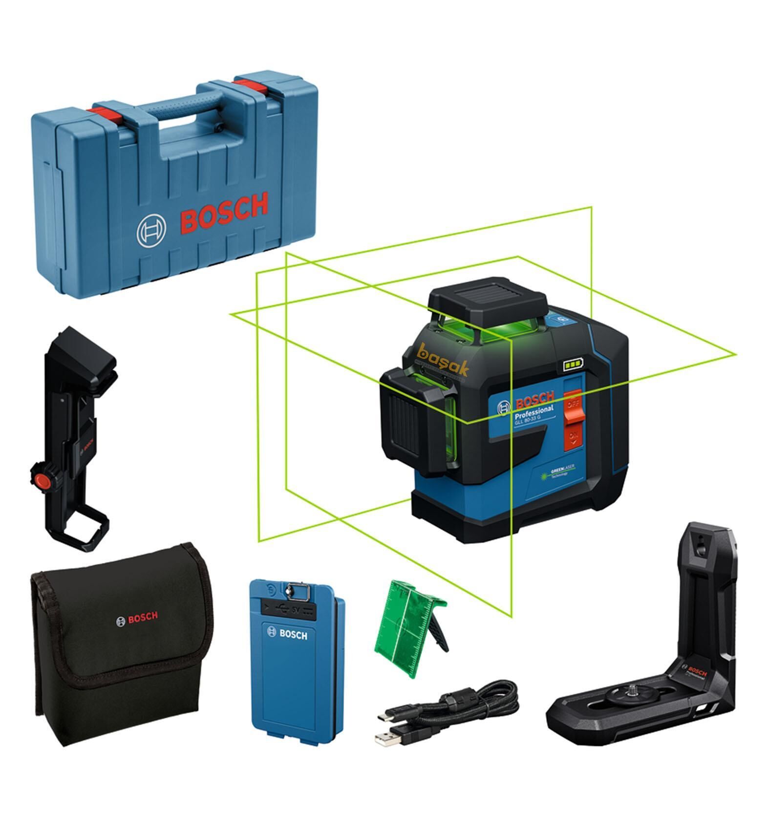 Bosch GLL 80-33 G Akülü 3 x 360° Yeşil Çizgi Lazeri 0601065501