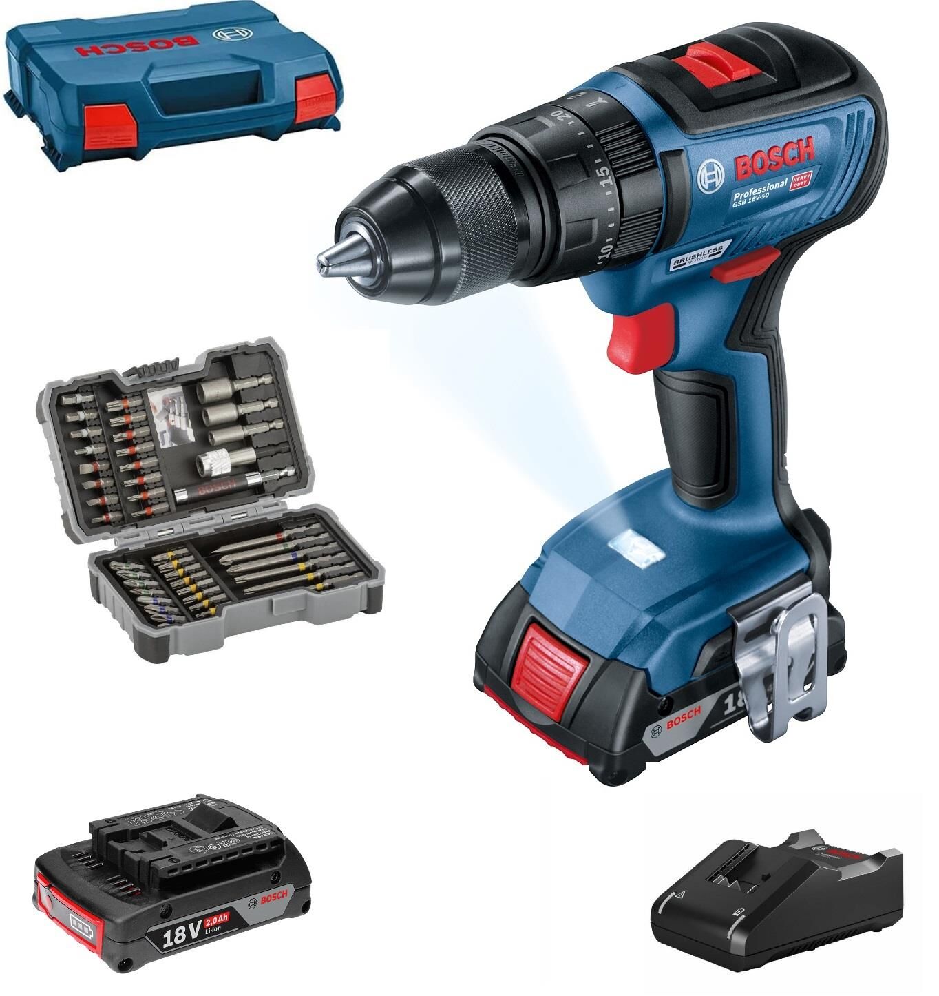 Bosch GSB 18V-50 Akülü Matkap 43 Parça Aksesuar setli 2x2 Ah 0615990M8K