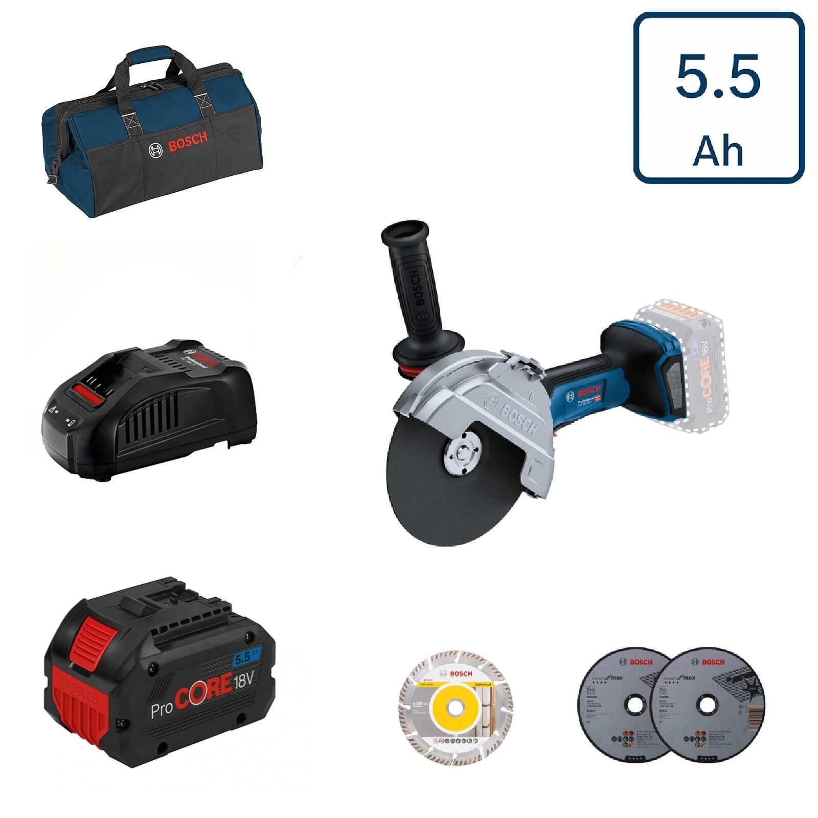 Bosch GWS 18V-180 P 1x5,5 Ah ProCORE Akülü Taşlama 180mm Bez Çantalı