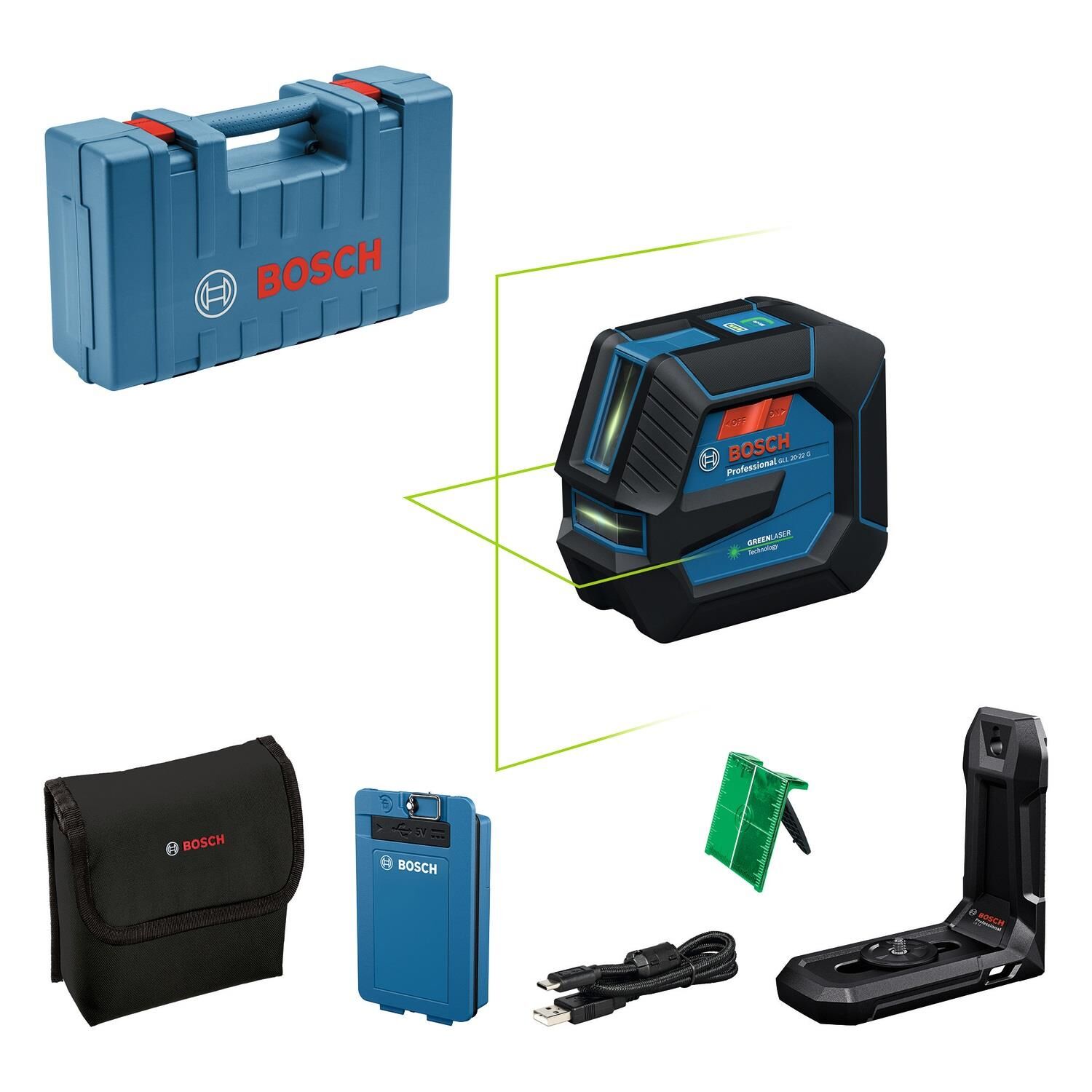 Bosch GLL 20-22 G 3.7V 3 Ah. Akülü Yeşil Çizgi Lazeri L-Boxx 0601065602