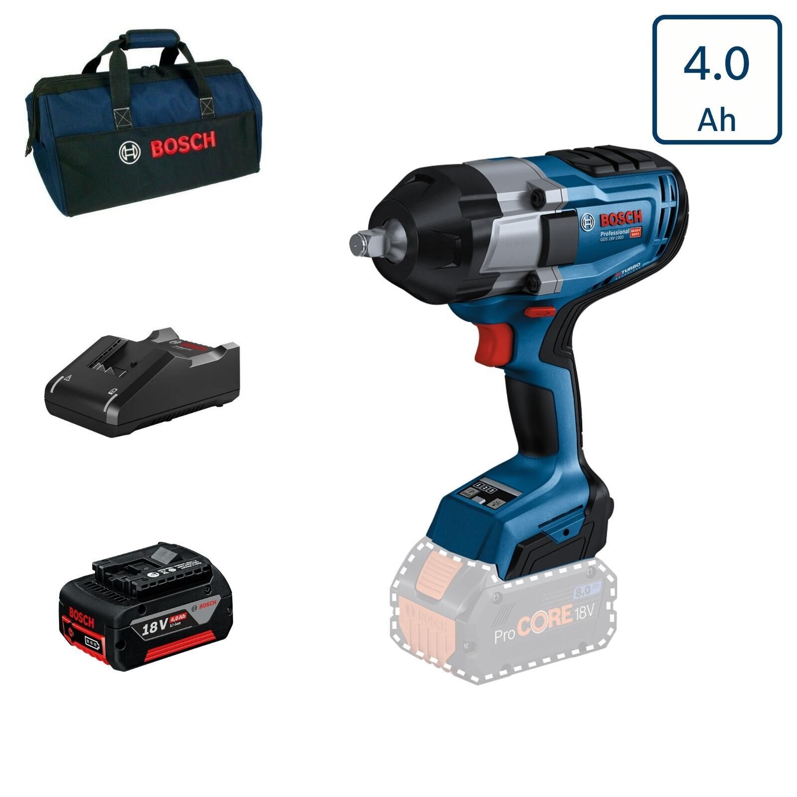 Bosch GDS 18V-1000 Tek Akülü Darbeli Somun Sıkma 4 Amper Bez Çantalı