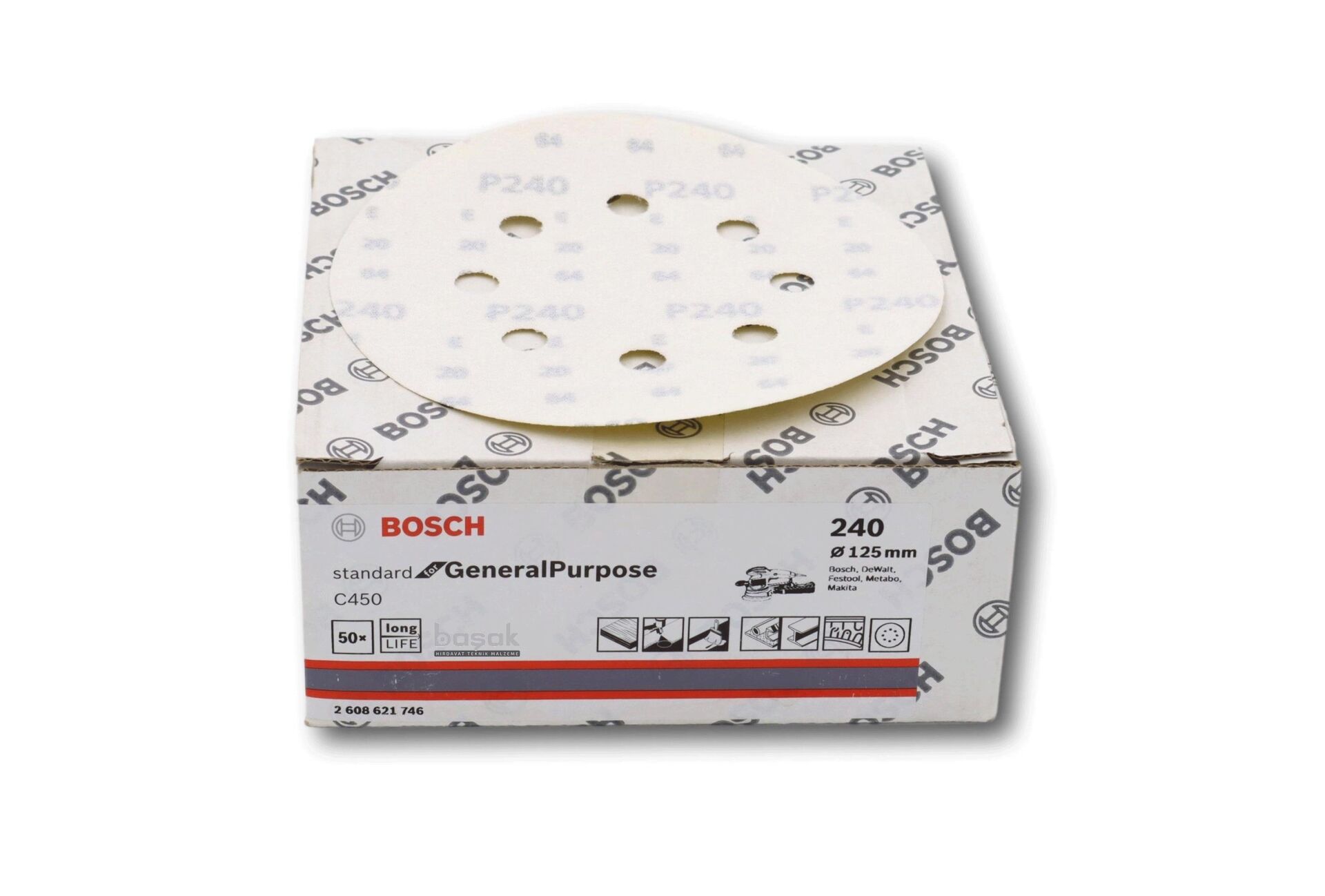 Bosch C450 125 mm 8 Delikli 240 Kum Zımpara Kağıdı 50'li