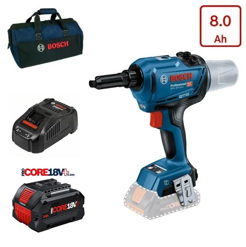Bosch GRG 18V-16 Tek Akülü Perçin Makinası 8 Amper Bez Çantalı