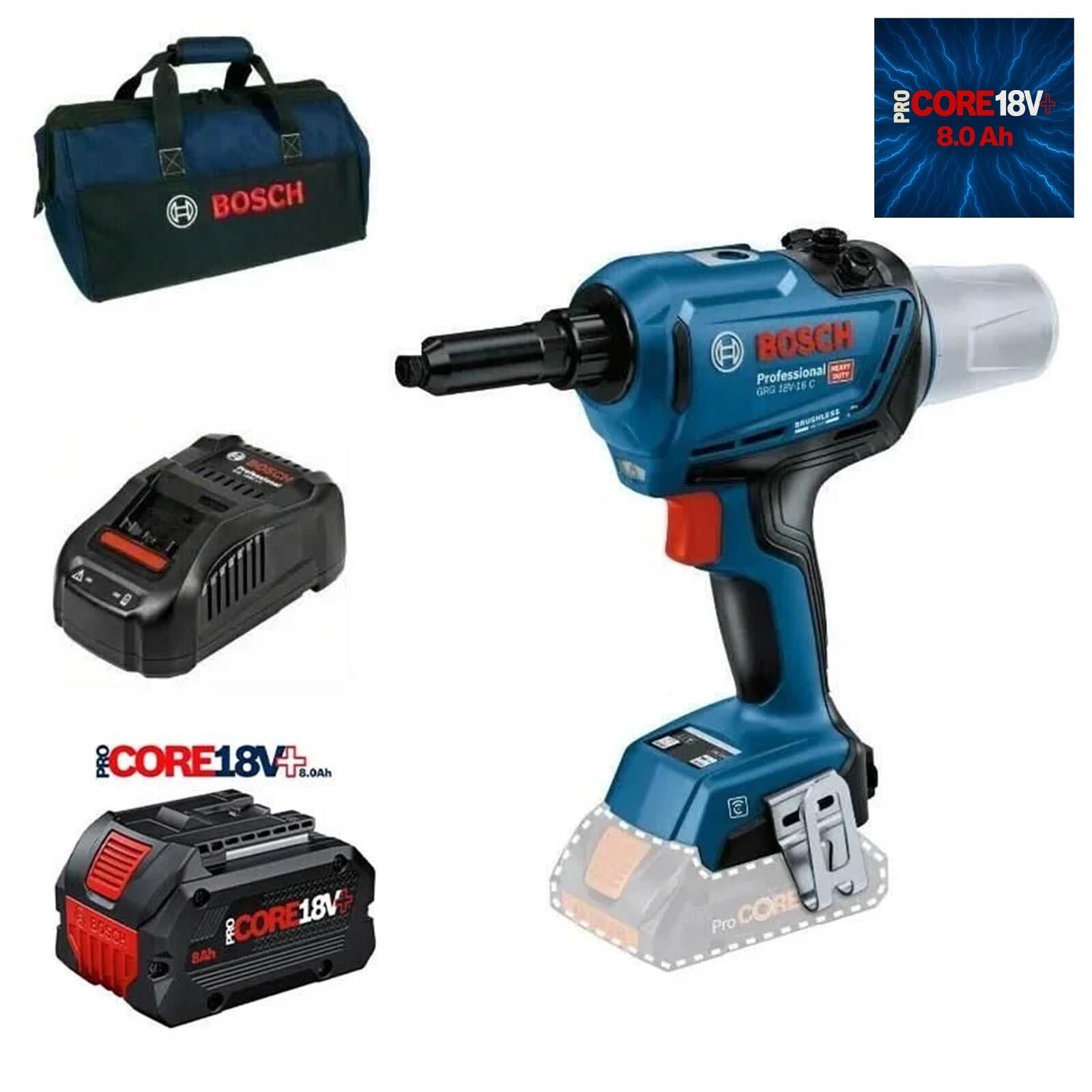Bosch GRG 18V-16 Tek Akülü Perçin Makinası 8 Amper Bez Çantalı