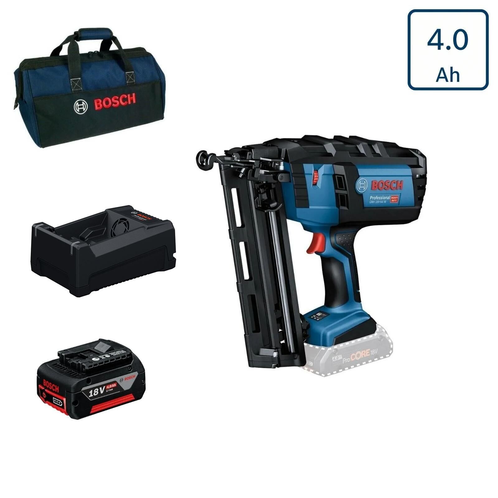 Bosch GNH 18V-64 M Tek Akülü Tel Çivi Çakma Tabancası 4 Amper Bez Çantalı