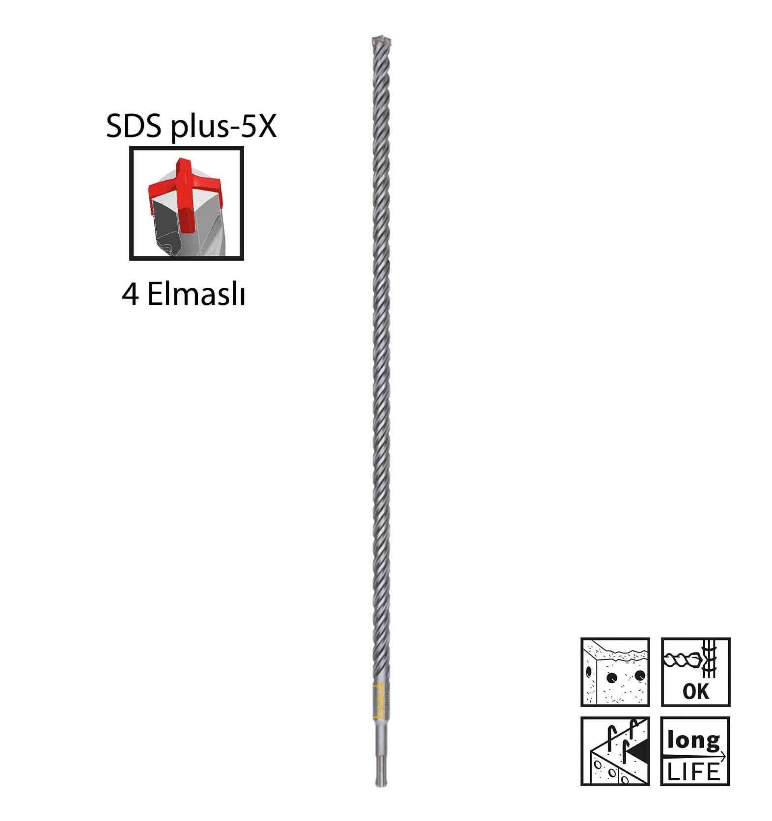 Bosch SDS Plus-5X 16 x 610 mm Dört Elmaslı Matkap Ucu 2608836626