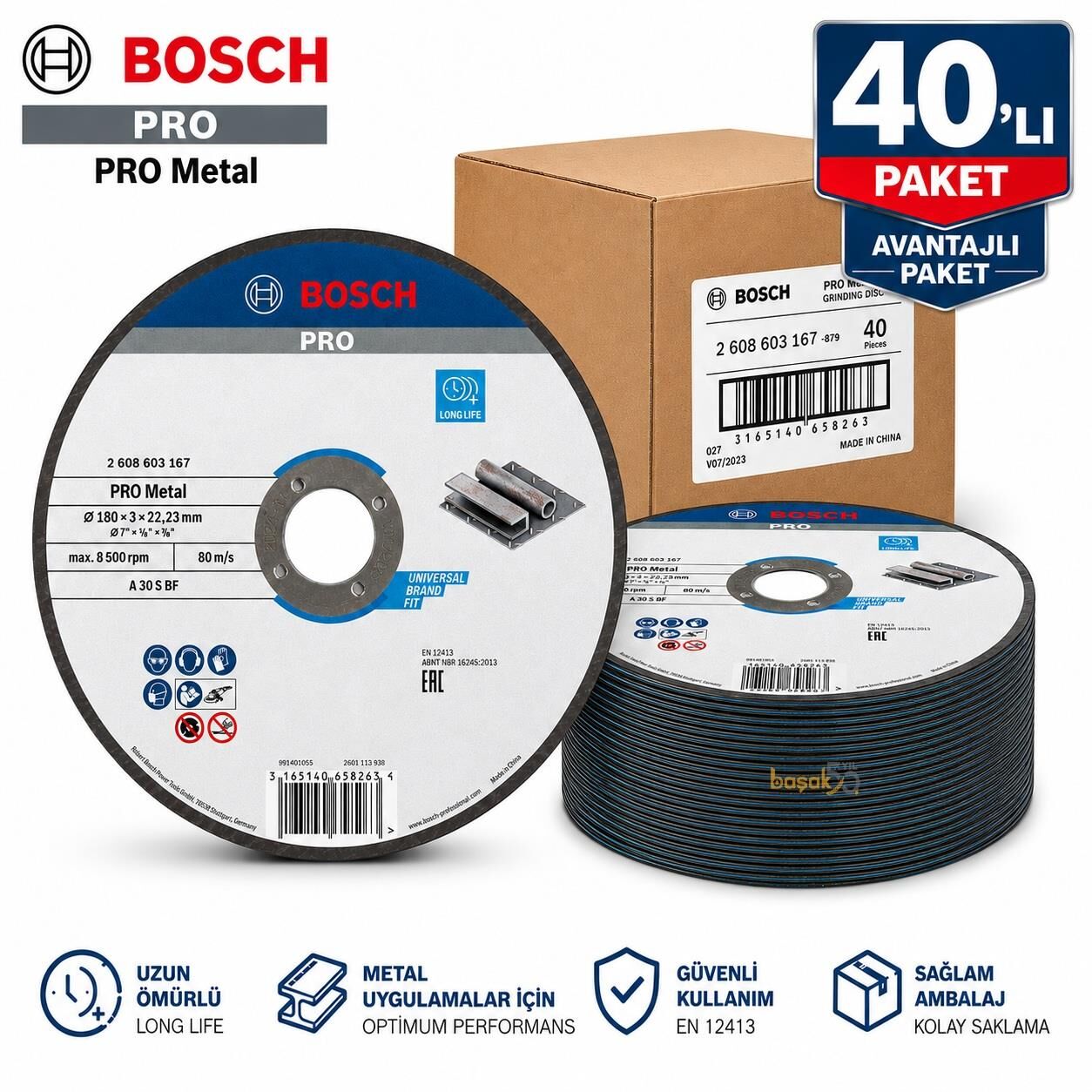 Bosch PRO 180x3 mm Metal Kesme Taşı Düz 40'lı Avantajlı Paket
