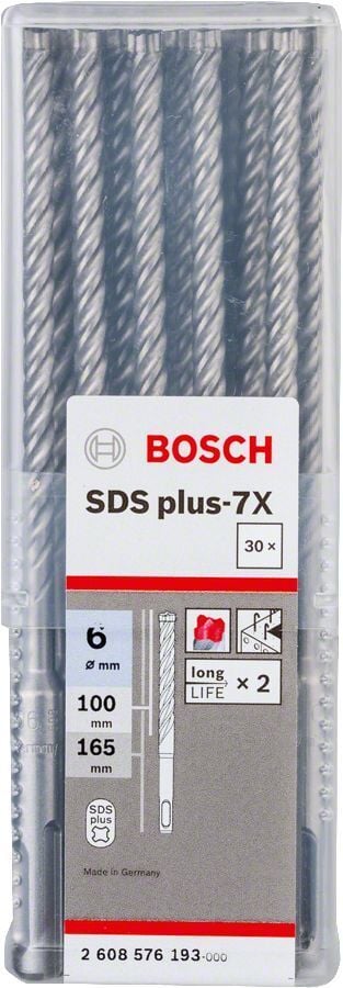 Bosch 6 x 165 mm 30'lu SDS Plus-7X 4 Elmaslı Özel Matkap Ucu 2608576193