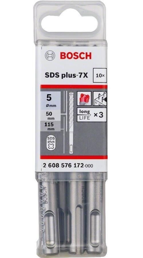 Bosch 5 x 115 mm 10'lu SDS Plus-7X 4 Elmaslı Özel Matkap Ucu 2608576172