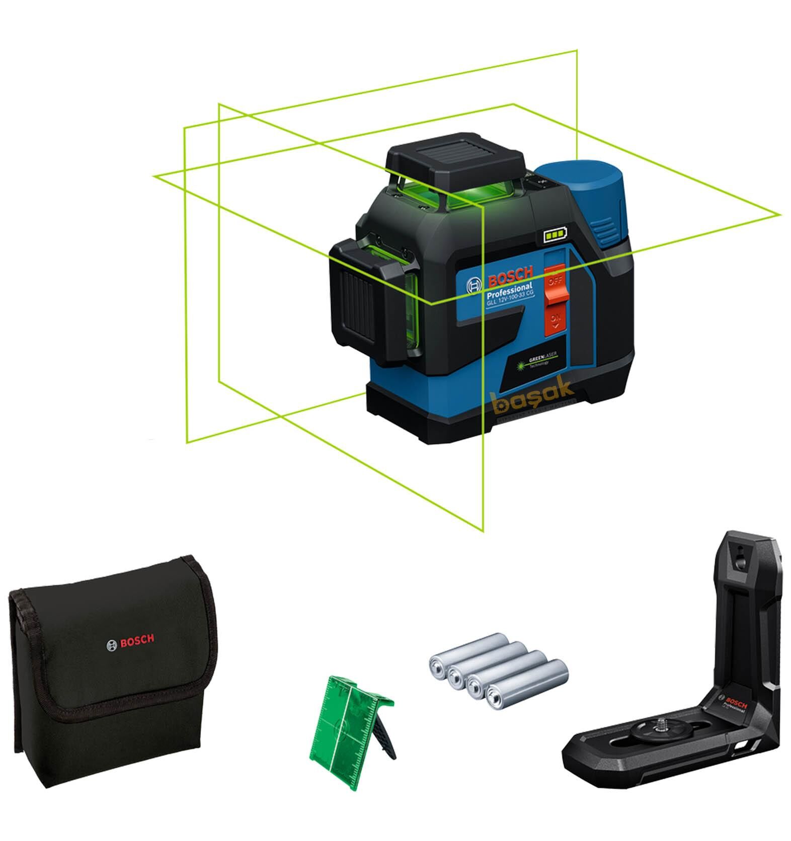 Bosch GLL 12V-100-33 CG  AA Pilli 3x360° Yeşil Çizgi Lazeri 0601065400