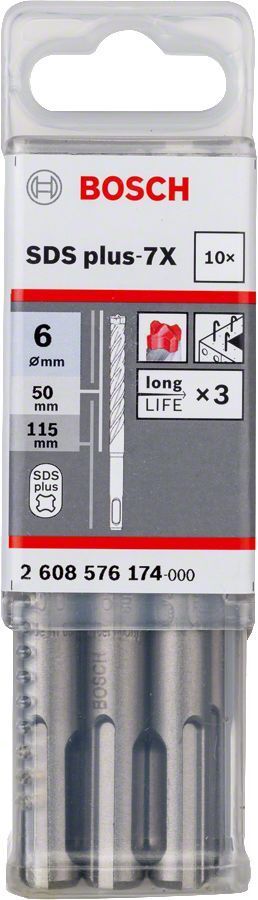 Bosch 6 x 115 mm 10'lu SDS Plus-7X 4 Elmaslı Özel Matkap Ucu 2608576174