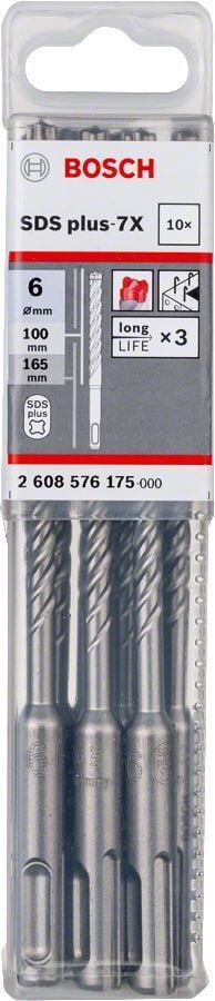 Bosch 6 x 165 mm 10'lu SDS Plus-7X 4 Elmaslı Özel Matkap Ucu 2608576175