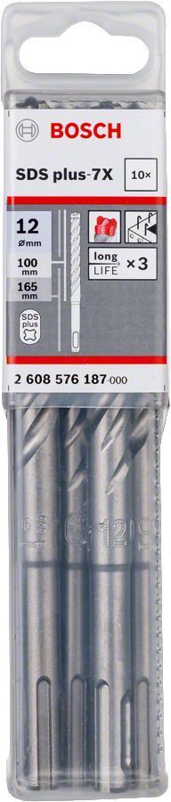 Bosch 12 x 165 mm 10'lu SDS Plus-7X 4 Elmaslı Özel Matkap Ucu 2608576187