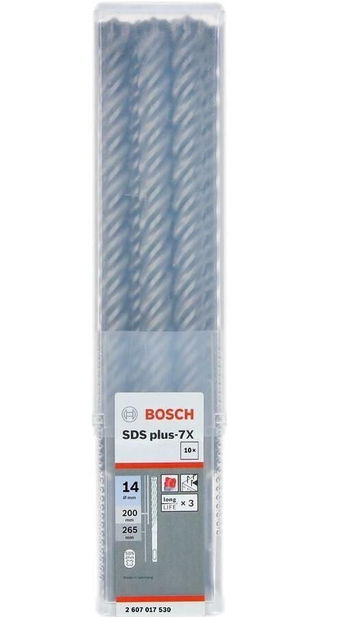 Bosch 14 x 265 mm 10'lu SDS Plus-7X Beton Matkap Ucu Dört Elmaslı 2607017530