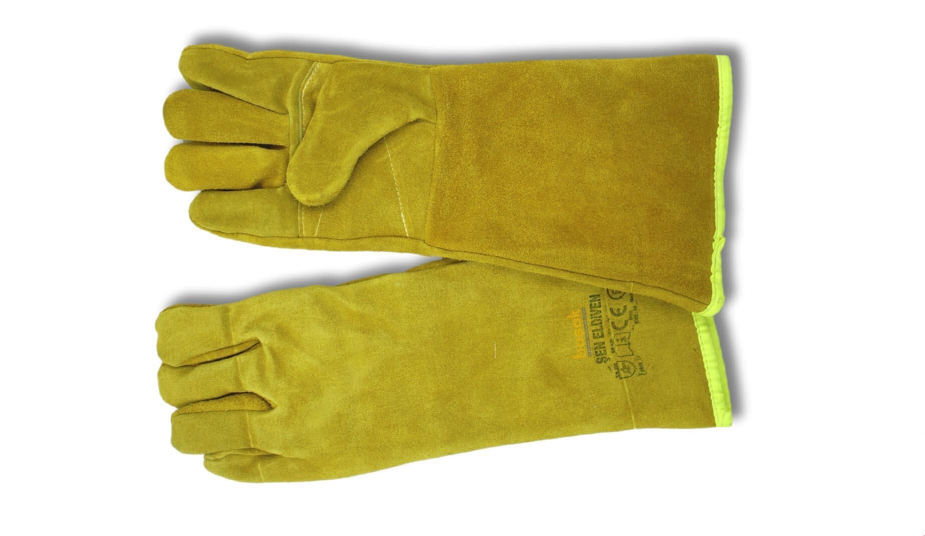 Sarı Uzun Astarlı Kaynakçı Eldiveni Tek Parça Deri+Takviyeli